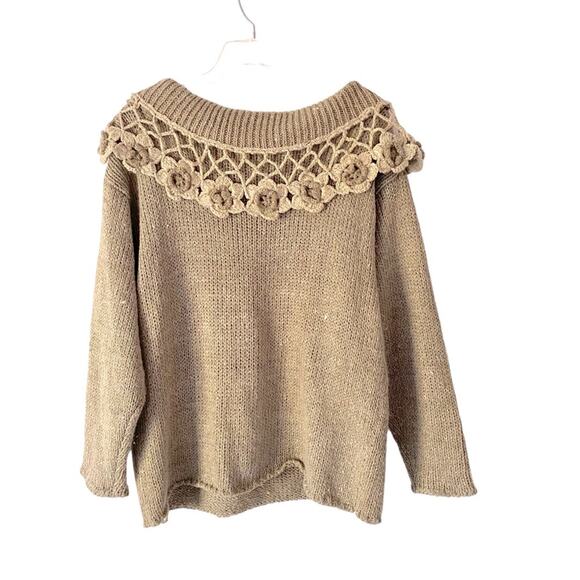 Needles & Yarn Crochet Flower Hand Knit Sage Green Tan Sweater Size Medium - Picture 3 of 5